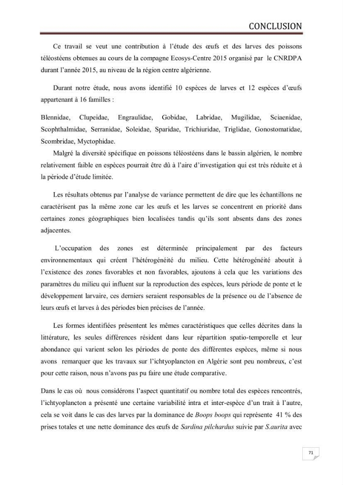 Contribution à l\'étude des oeufs et des larves des poissons téléostéens au niveau de la zone centre algérienne: