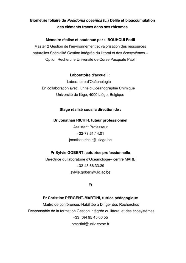 Biométrie foliaire de posidonia océanica (L) delile et bioaccumulation des éléments traces dans ses rhizomes