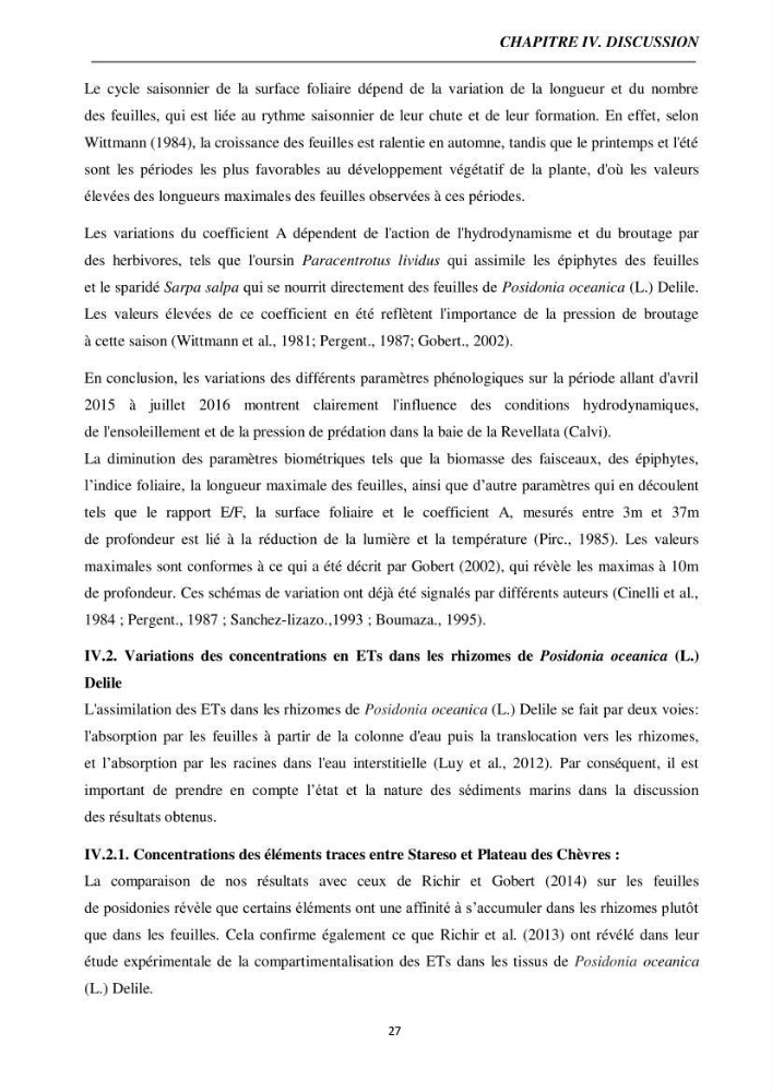 Biométrie foliaire de posidonia océanica (L) delile et bioaccumulation des éléments traces dans ses rhizomes