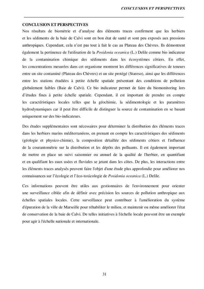 Biométrie foliaire de posidonia océanica (L) delile et bioaccumulation des éléments traces dans ses rhizomes
