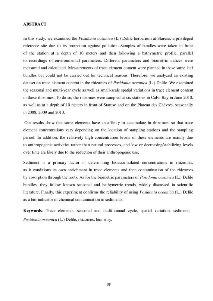 Biométrie foliaire de posidonia océanica (L) delile et bioaccumulation des éléments traces dans ses rhizomes