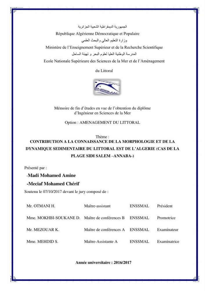 Contribution a la connaissance de la morphologie et de la dynamique sedimentaire du littoral Est de l\'Algerie