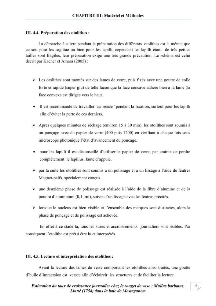 Estimation du taux de croissanve journalier chez le rouget de vase: mullus barbatus, linné (1758) dans la baie de Mostaganem