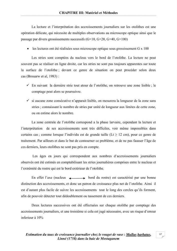 Estimation du taux de croissanve journalier chez le rouget de vase: mullus barbatus, linné (1758) dans la baie de Mostaganem