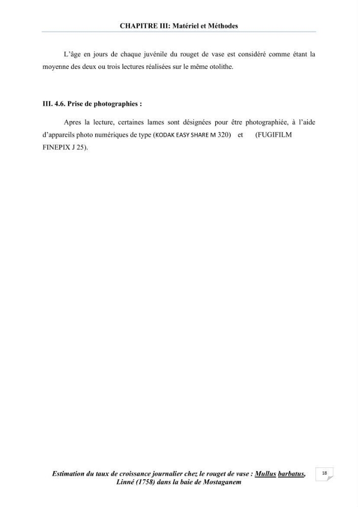 Estimation du taux de croissanve journalier chez le rouget de vase: mullus barbatus, linné (1758) dans la baie de Mostaganem
