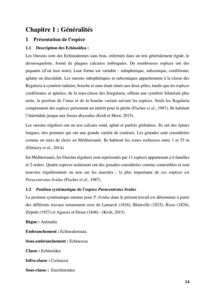 Dynamique,biologie et écologie de l\'oursin comestible Paracentrotus lividus (Lamarc,1816) de la côte algéroise