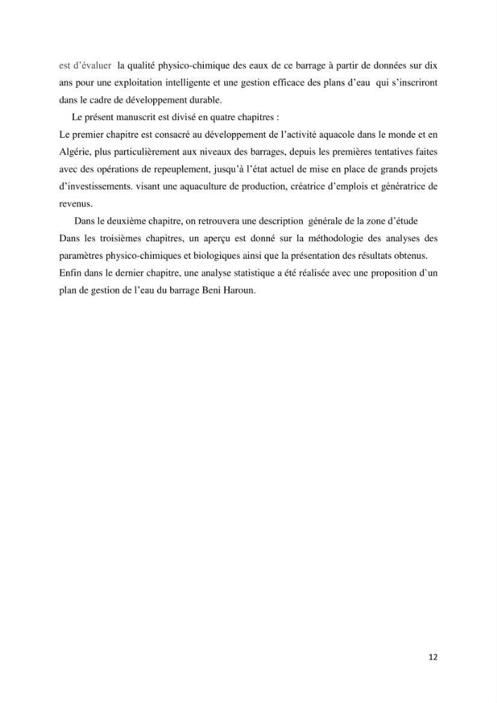 Etude des paramètres physico-chimiques des eaux du barrage de beni Haroun (Wilaya de Mila) et proposition de gestion des plans d\'eau.: