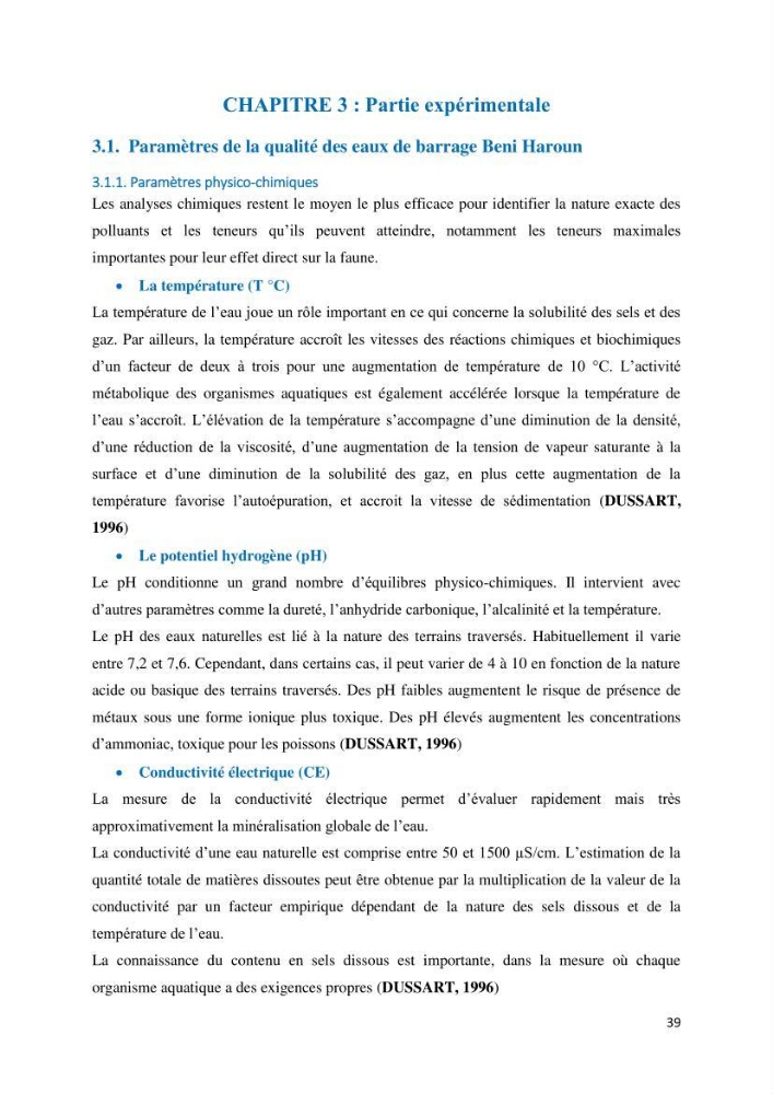 Etude des paramètres physico-chimiques des eaux du barrage de beni Haroun (Wilaya de Mila) et proposition de gestion des plans d\'eau.: