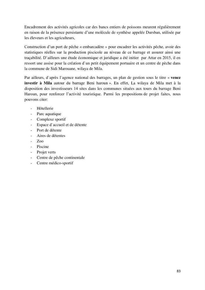 Etude des paramètres physico-chimiques des eaux du barrage de beni Haroun (Wilaya de Mila) et proposition de gestion des plans d\'eau.: