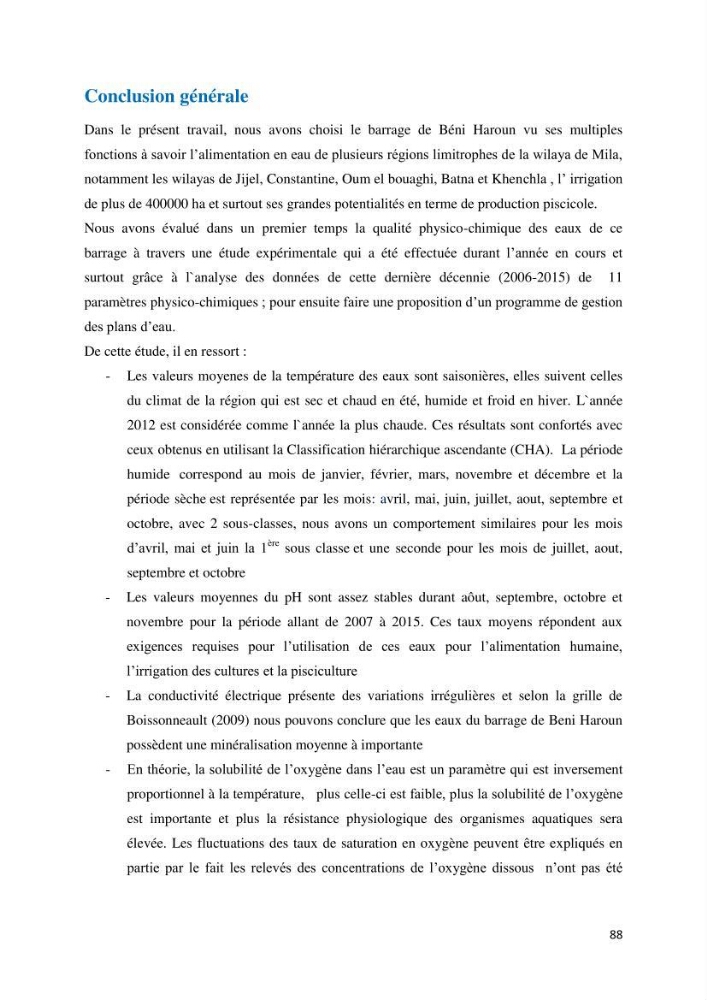 Etude des paramètres physico-chimiques des eaux du barrage de beni Haroun (Wilaya de Mila) et proposition de gestion des plans d\'eau.: