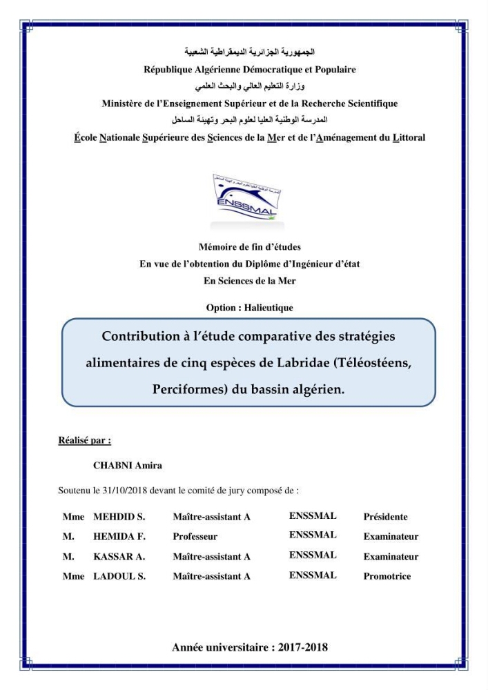 Contribution à l’étude comparative des stratégies alimentaires de cinq espèces de Labridae (Téléostéens, Perciformes) du bassin algérien.