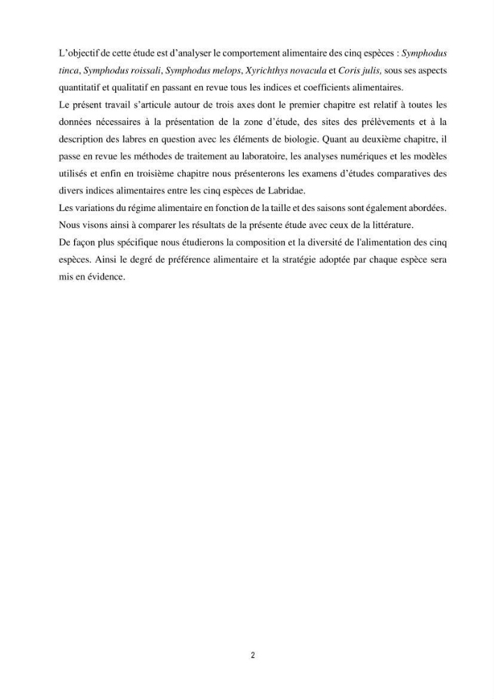 Contribution à l’étude comparative des stratégies alimentaires de cinq espèces de Labridae (Téléostéens, Perciformes) du bassin algérien.