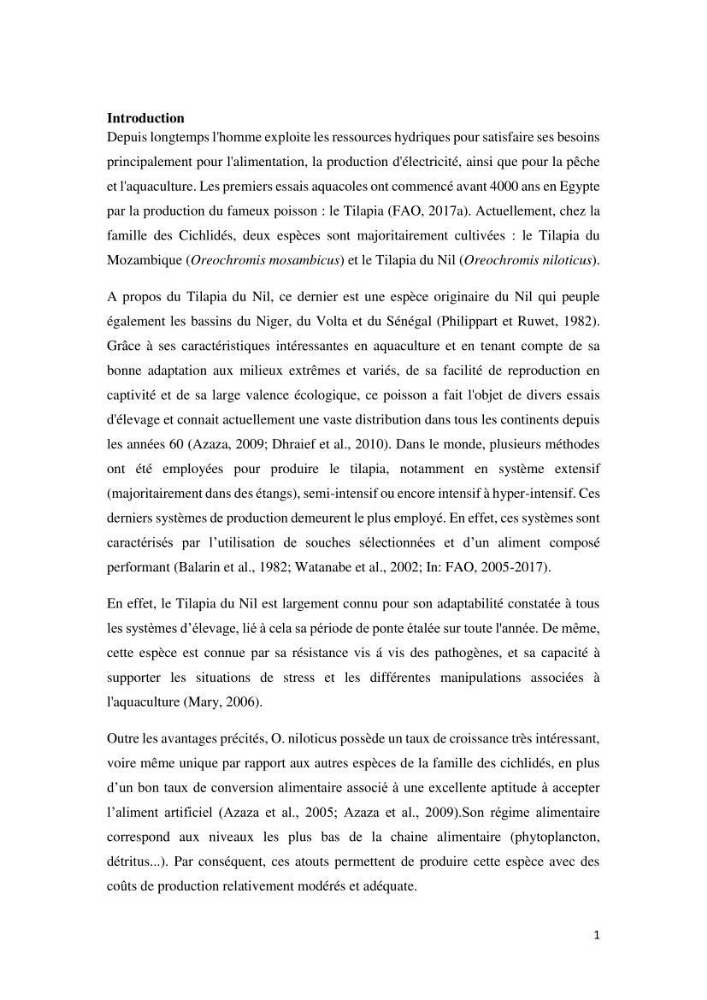 Etude comparative d\'un aliment commercial distribué en poudre et en granulé au cour de l\'élevage du tilapia du Nil ( tilapia nilotica)