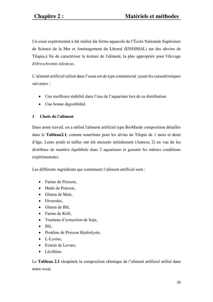 Etude comparative d\'un aliment commercial distribué en poudre et en granulé au cour de l\'élevage du tilapia du Nil ( tilapia nilotica)