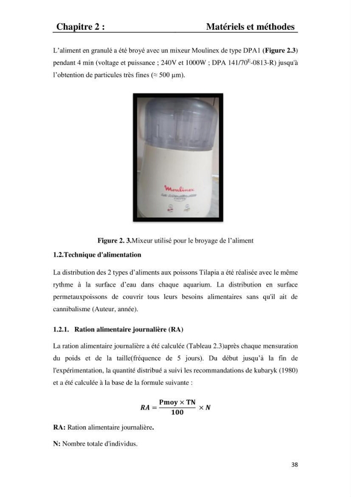 Etude comparative d\'un aliment commercial distribué en poudre et en granulé au cour de l\'élevage du tilapia du Nil ( tilapia nilotica)