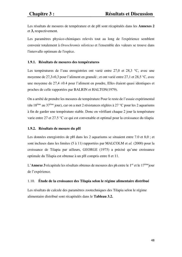 Etude comparative d\'un aliment commercial distribué en poudre et en granulé au cour de l\'élevage du tilapia du Nil ( tilapia nilotica)