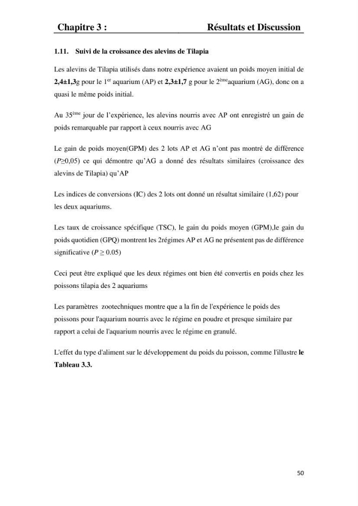 Etude comparative d\'un aliment commercial distribué en poudre et en granulé au cour de l\'élevage du tilapia du Nil ( tilapia nilotica)