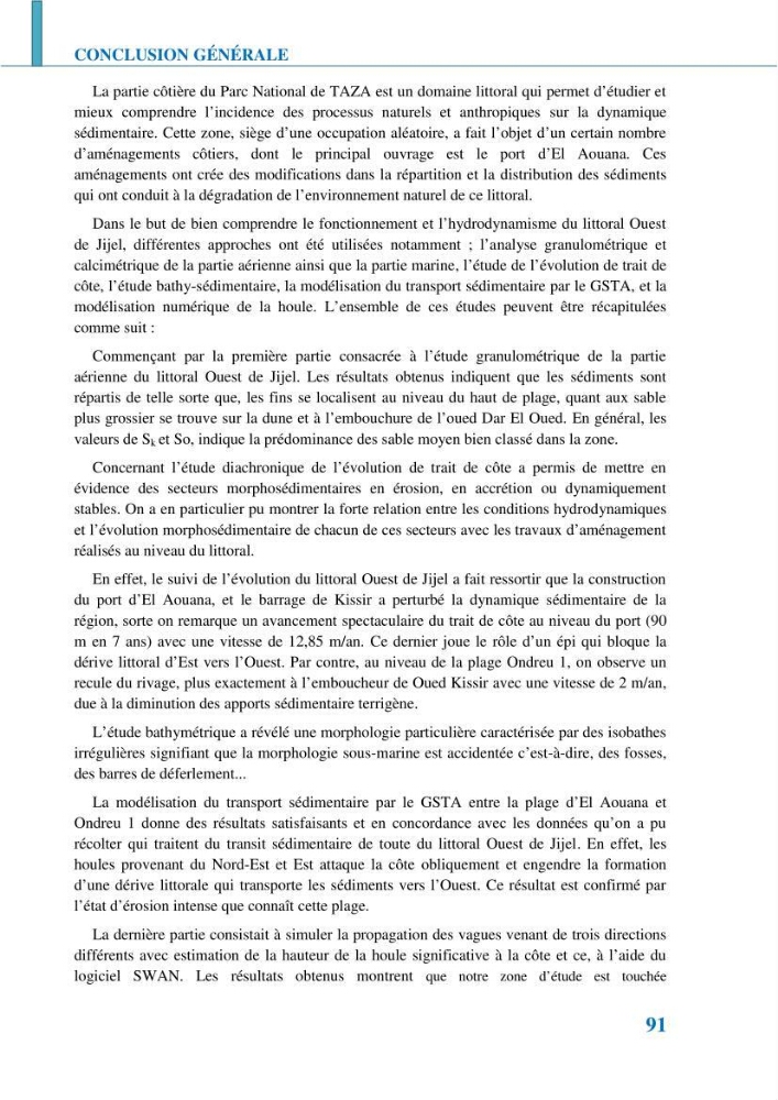 Etude géomorpho-sédimentaire de la zone côtière du parc National de Taza