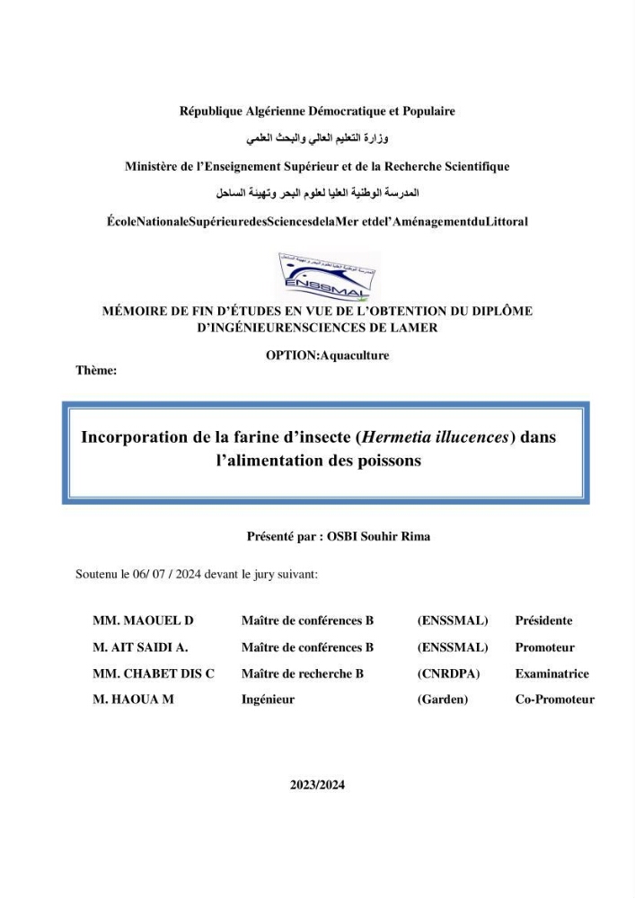 Incorporation de la farine d\'insecte (Hermetia illucences ) dans l\'alimentation des poissons