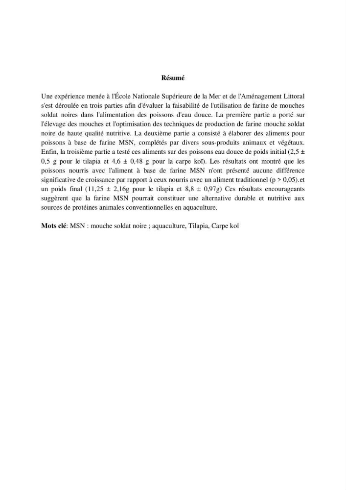 Incorporation de la farine d\'insecte (Hermetia illucences ) dans l\'alimentation des poissons
