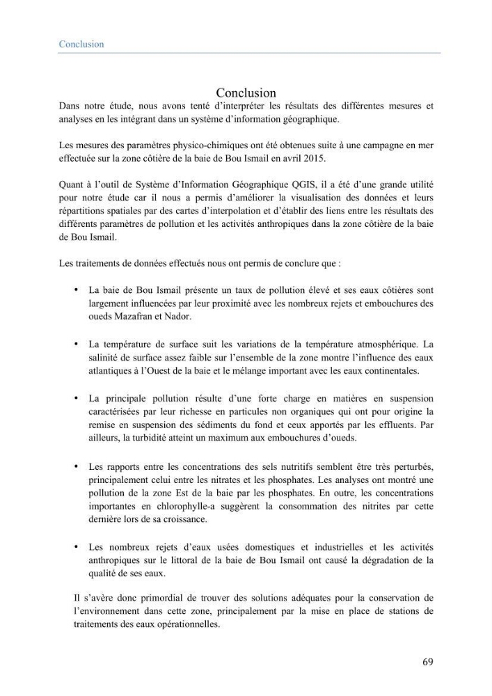 Utilisation des Systèmes d\'Information Géographiques pour le suivi des paramètres indicateurs de pollution dans la baie de Bou-Ismail