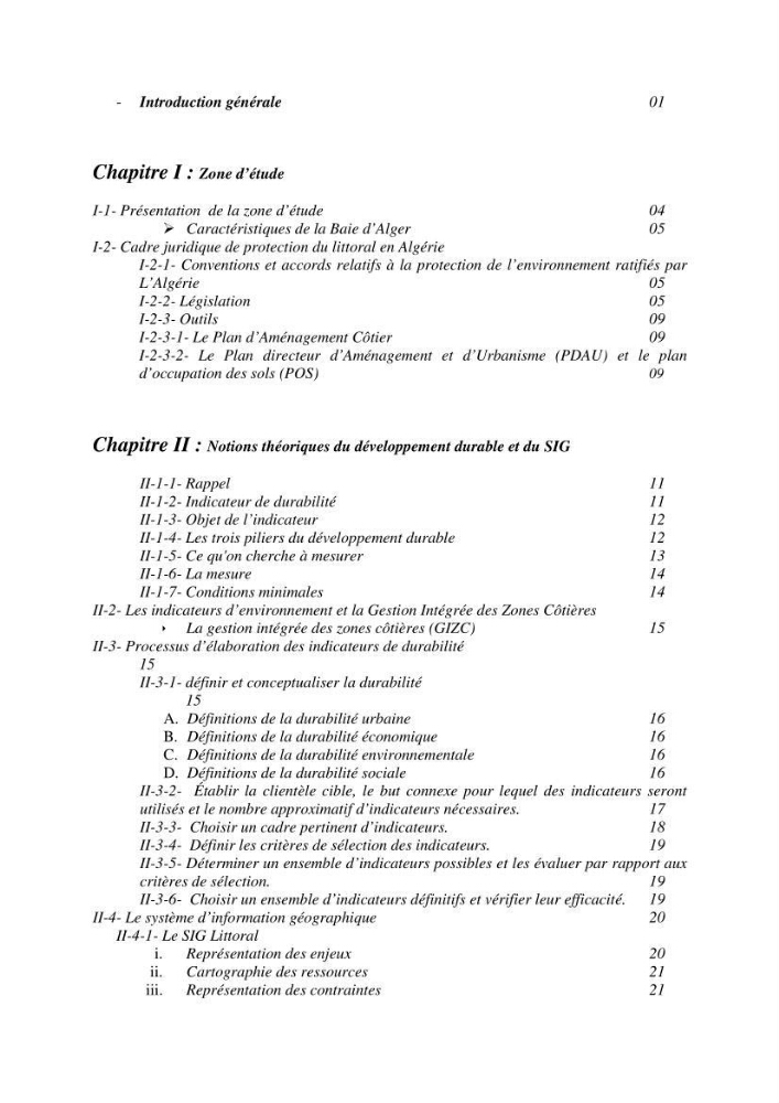 Mise en oeuvre d\'une base de données SIG pour le calcul des indicateurs de durabillité sur des communes de la zone du P.A.C. (littoral algérois)