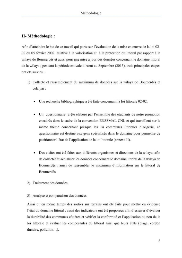 Evaluation de la mise en oeuvre de la loi n° 02-02 du 5 février 2002 relative à la protection et à la valorisation du littoral dans la wilaya de Boumerdes