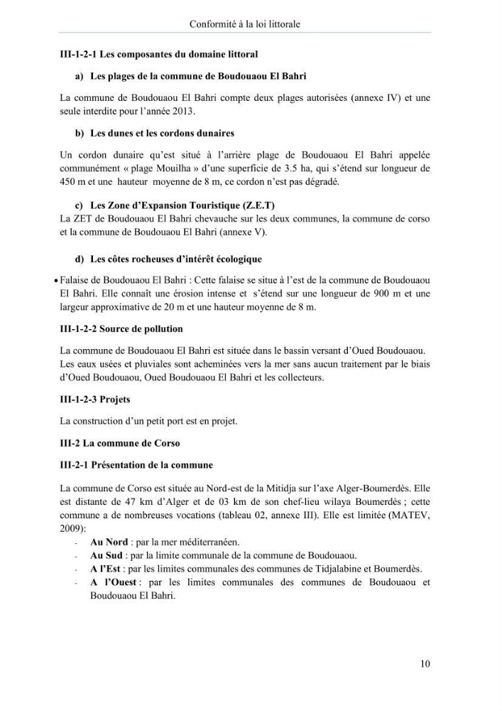 Evaluation de la mise en oeuvre de la loi n° 02-02 du 5 février 2002 relative à la protection et à la valorisation du littoral dans la wilaya de Boumerdes