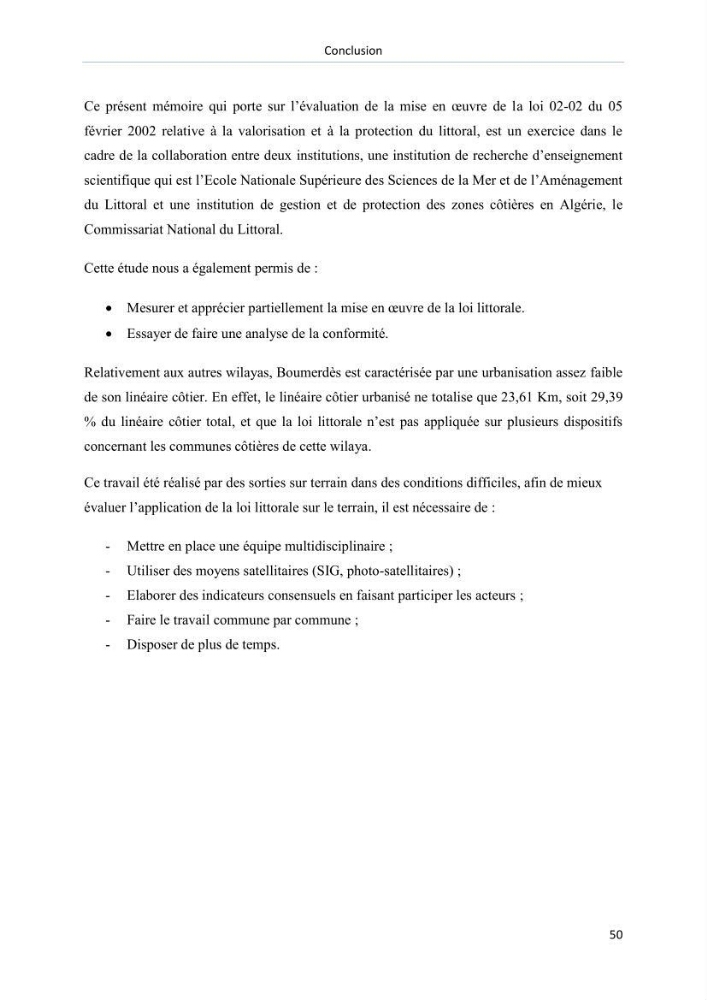 Evaluation de la mise en oeuvre de la loi n° 02-02 du 5 février 2002 relative à la protection et à la valorisation du littoral dans la wilaya de Boumerdes