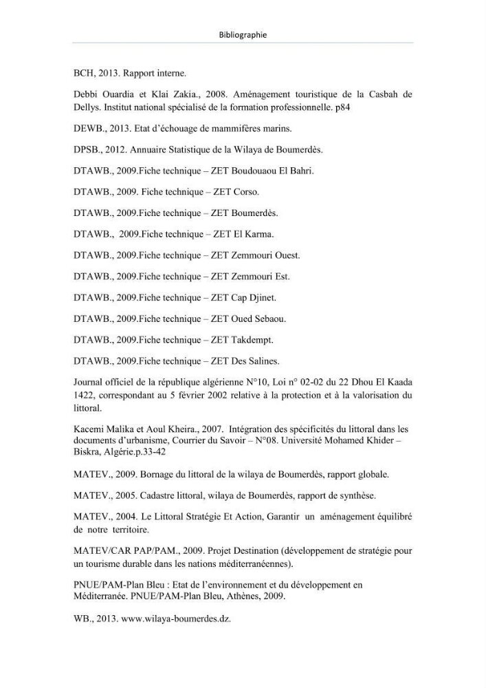 Evaluation de la mise en oeuvre de la loi n° 02-02 du 5 février 2002 relative à la protection et à la valorisation du littoral dans la wilaya de Boumerdes