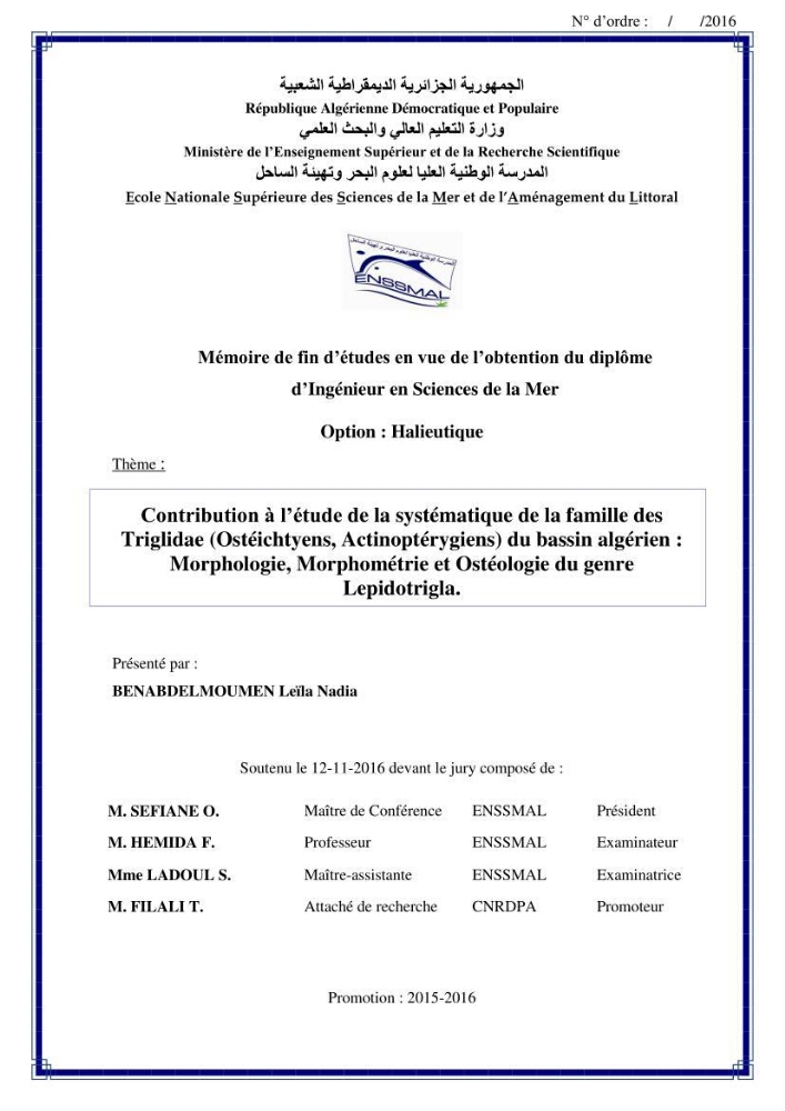 Contribution à l’étude de la systématique de la famille des Triglidae (Ostéichtyens, Actinoptérygiens) du bassin algérien