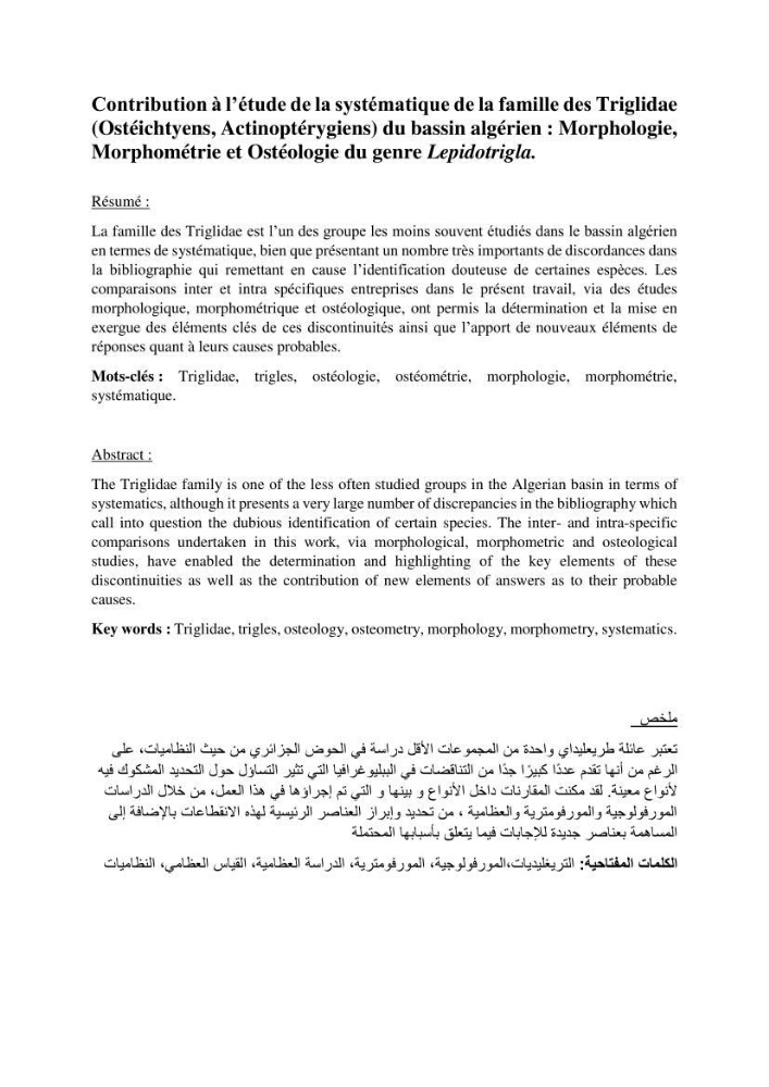 Contribution à l’étude de la systématique de la famille des Triglidae (Ostéichtyens, Actinoptérygiens) du bassin algérien