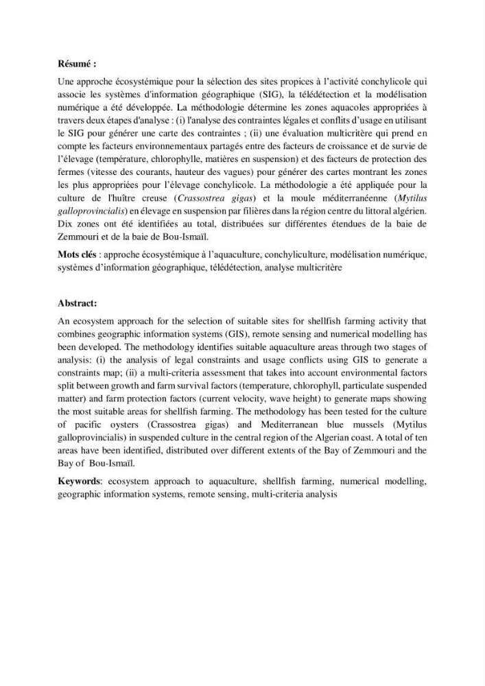 Identification des zones propices à héberger des filières conchylicoles par modélisation numérique et télédetection: