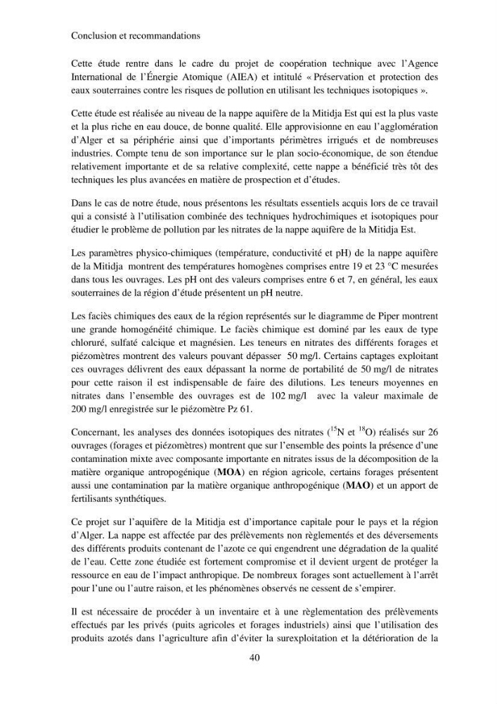 Etude de la pollution par les nitrates des eaux souterraines de la plaine de la mitidja Est en utilisant les techniques hydrochimiques et isotopiques