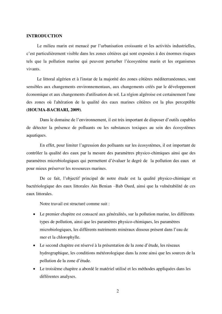 Qualité physico-chimique et bactériologique des eaux littorales : Ain Benian-Bab El Oued (Wilaya d’Alger)