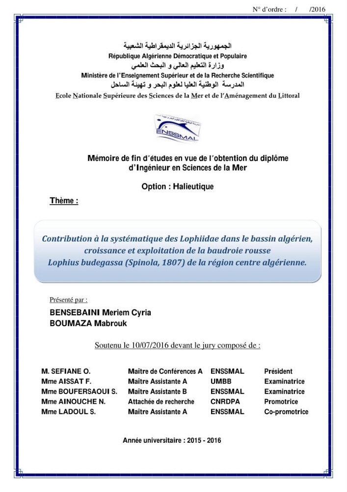 Contribution à la systématique des Lophiidae dans le bassin algerien,croissance et exploitation de la boudroie rouse Lophius budegassa ( Spinola,1807) de la région centre algérienne: