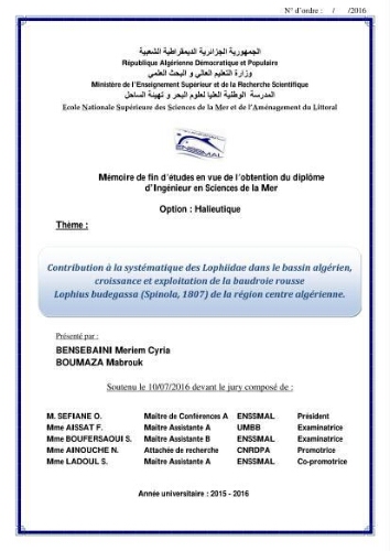 Contribution à la systématique des Lophiidae dans le bassin algerien,croissance et exploitation de la boudroie rouse Lophius budegassa ( Spinola,1807) de la région centre algérienne: Contribution à la systématique des Lophiidae dans le bassin algerien,croissance et exploitation de la boudroie rouse Lophius budegassa ( Spinola,1807) de la région centre algérienne: