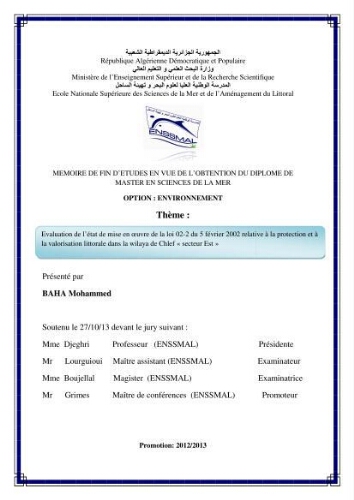 Evaluation de l'état de mise en oeuvre de la loi 02-02 du 5 février 2002 relative à la protection et à la valorisation littorale dans la wilaya de Chlef "secteur est": Evaluation de l'état de mise en oeuvre de la loi 02-02 du 5 février 2002 relative à la protection et à la valorisation littorale dans la wilaya de Chlef "secteur est":