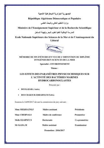Les effets des paramètres physicochimiques sur l'activité des bactéries marines hydrocarbonoclastes: Les effets des paramètres physicochimiques sur l'activité des bactéries marines hydrocarbonoclastes: