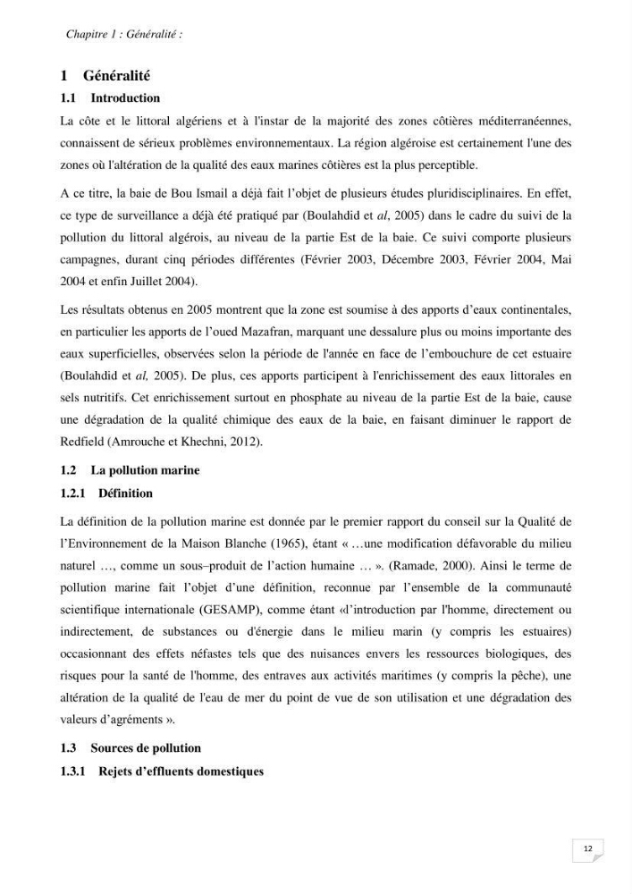 Suivi des paramètres physico-chimique et des sels nutritifs dans la baie de Bou Ismail: