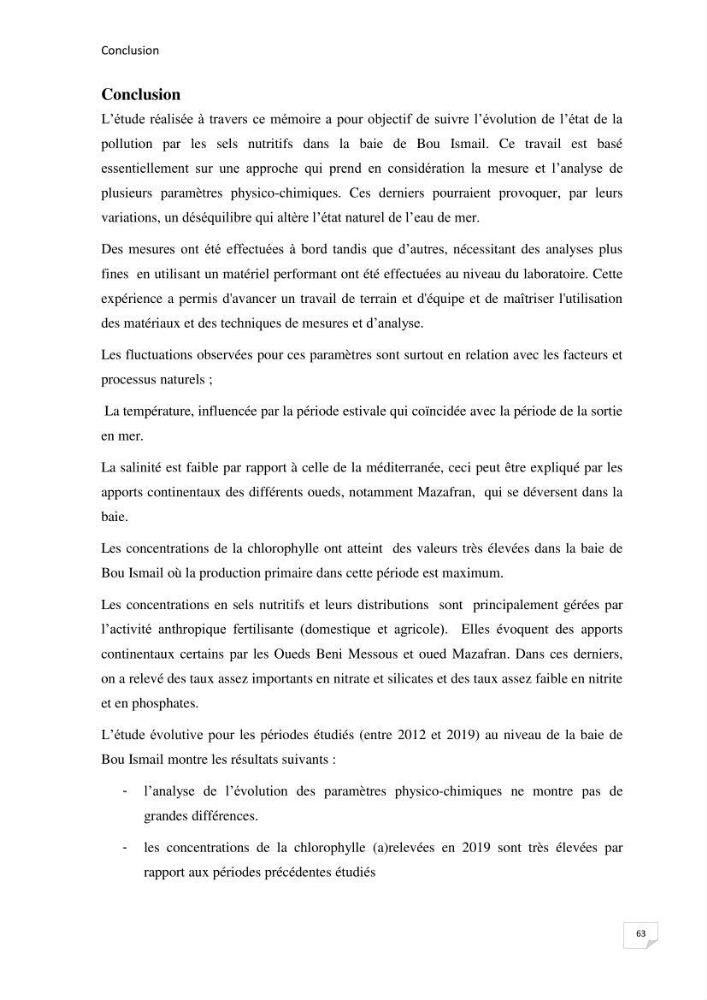 Suivi des paramètres physico-chimique et des sels nutritifs dans la baie de Bou Ismail: