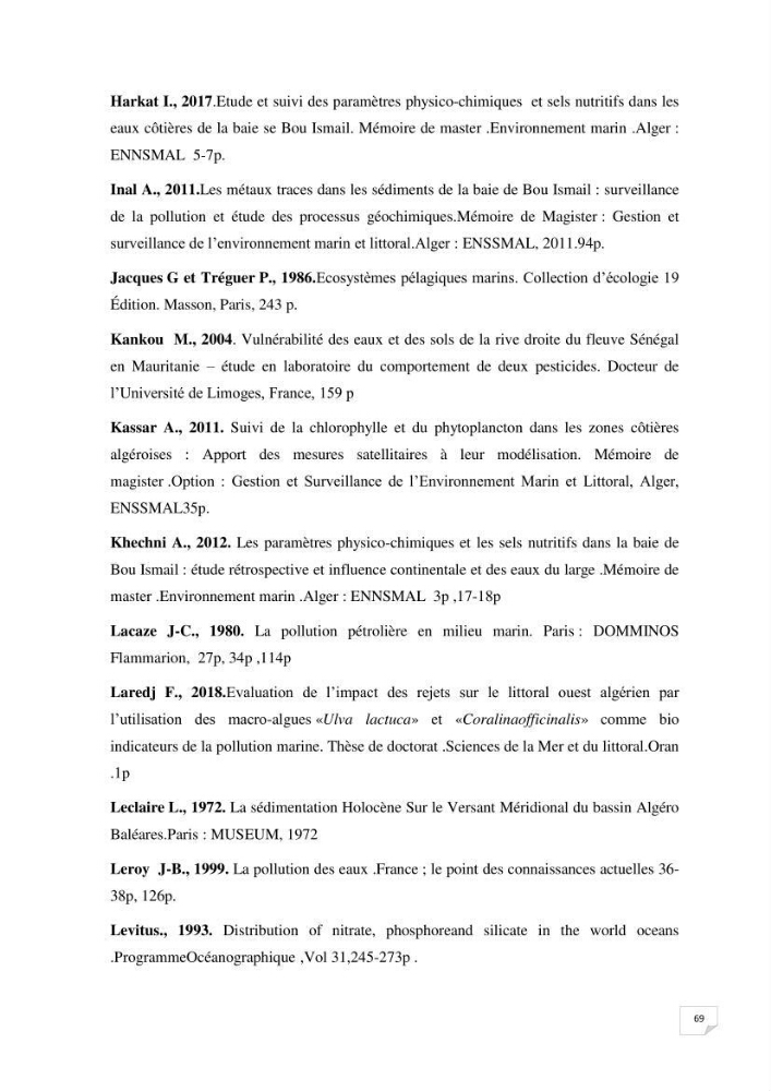 Suivi des paramètres physico-chimique et des sels nutritifs dans la baie de Bou Ismail:
