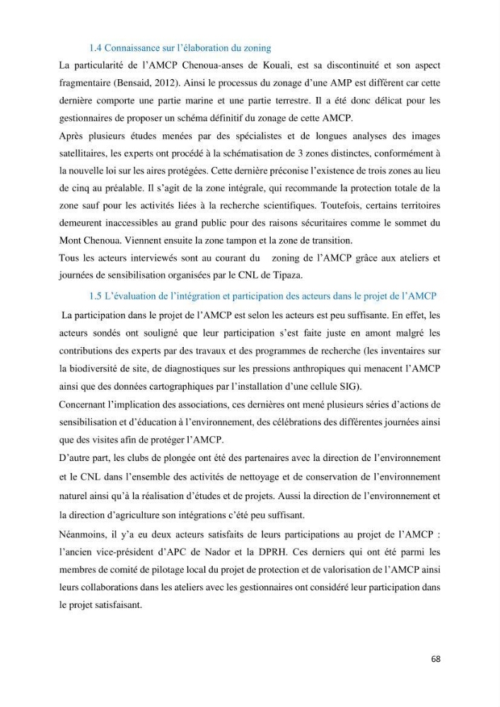 Les défis de gestion des aires marines et côtières protégées: cas d\'étude de Mont Chenoua/Anses de Kouali