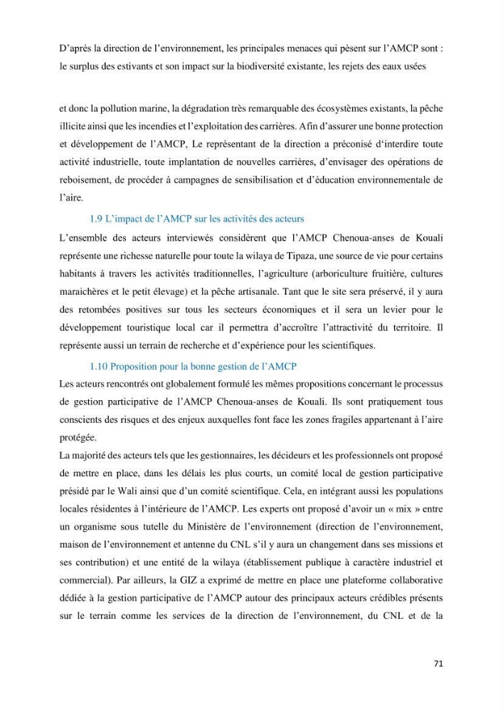 Les défis de gestion des aires marines et côtières protégées: cas d\'étude de Mont Chenoua/Anses de Kouali