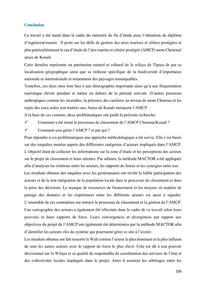 Les défis de gestion des aires marines et côtières protégées: cas d\'étude de Mont Chenoua/Anses de Kouali