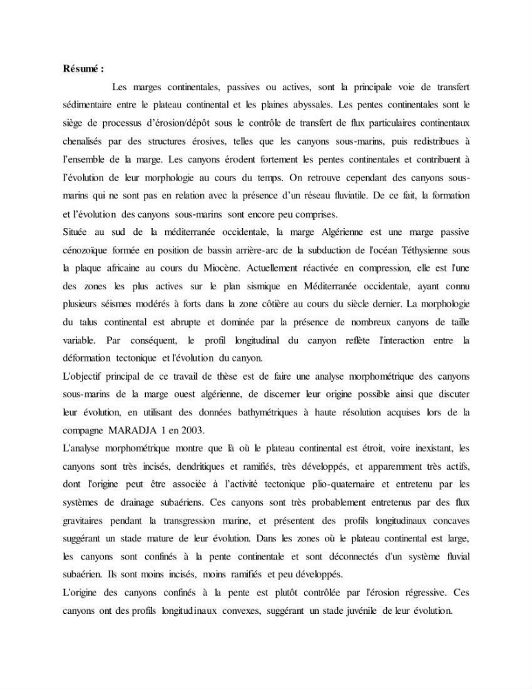 Evaluation géomorphologique de la marge continentale Ouest Algérienne (Oran - Ténés )