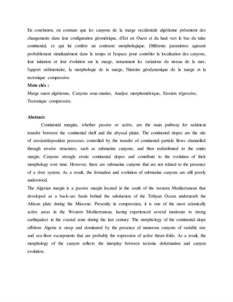 Evaluation géomorphologique de la marge continentale Ouest Algérienne (Oran - Ténés )