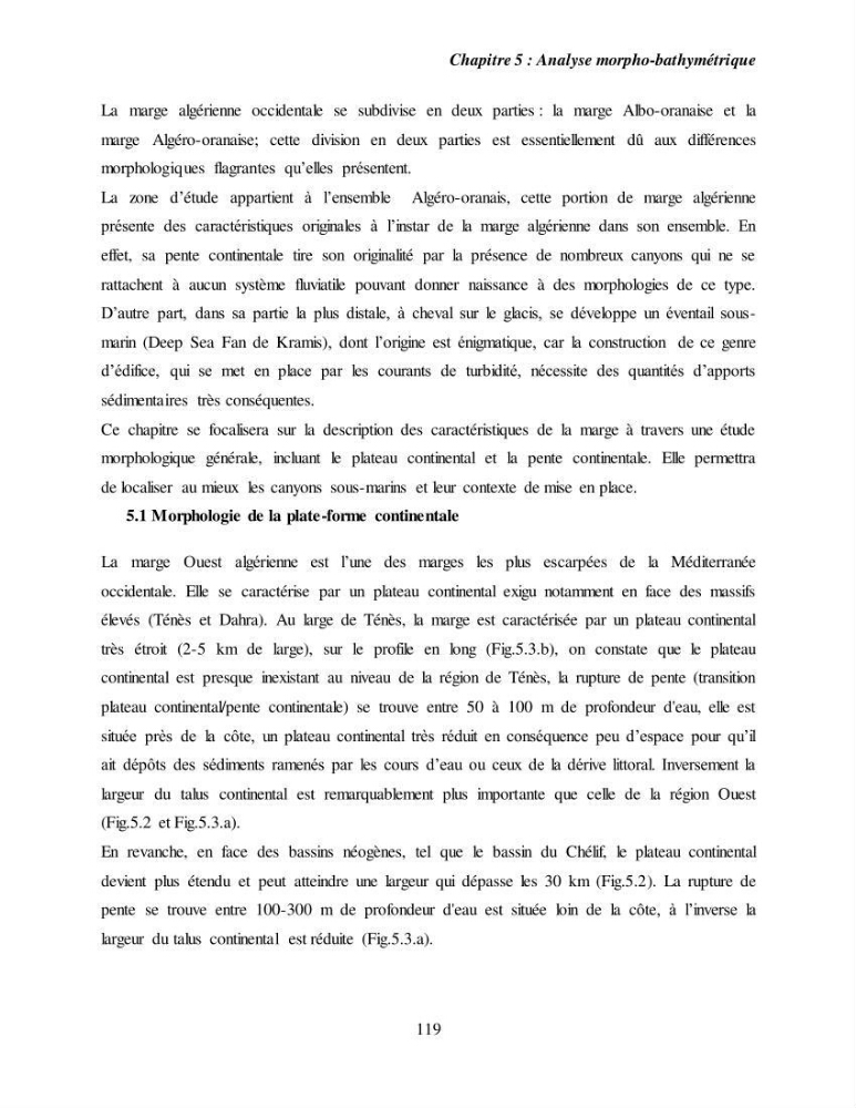 Evaluation géomorphologique de la marge continentale Ouest Algérienne (Oran - Ténés )