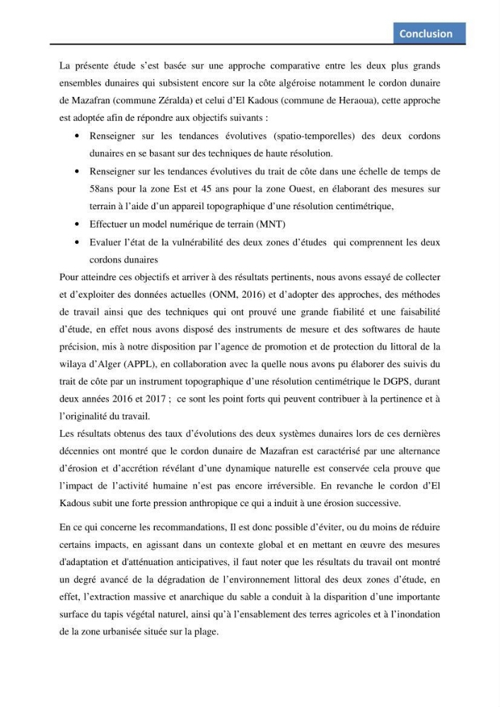 Etude des écosystèmes dunaires algérois : études comparative entre les deux ensembles dunaires du Mazafran et d\'EL Kadous