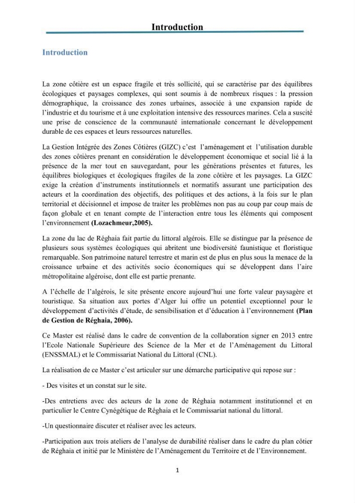 Enquête - diagnostic sur les enjeux GIZC autour du lac de Réghaia